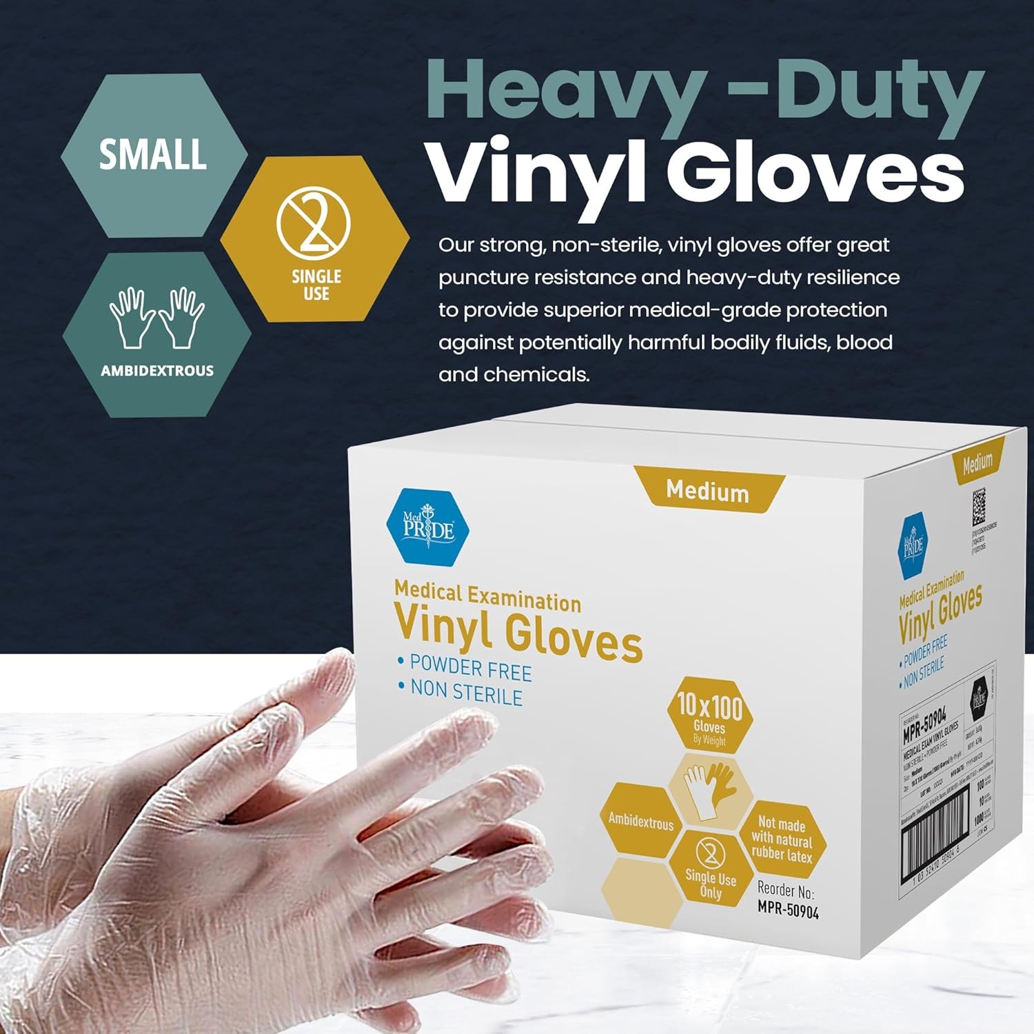 MED PRIDE Medical Vinyl Examination Gloves (Medium, 1000-Count) Latex & Rubber Free, Ultra-Strong, Clear Disposable Powder-Free Gloves for Healthcare & Food Handling Use