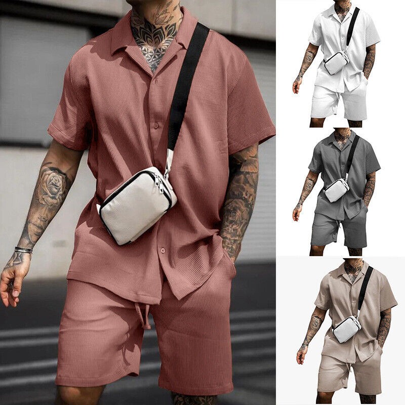 Mens Summer Outfit 2-Piece Set Short Sleeve Button Shirts and Shorts Sweatsuit