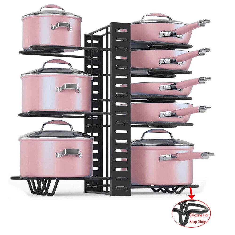 US 8 Tiers Pot Organizer Rack Cabinet Storage Lid Holder Home Kitchen Pan Holder